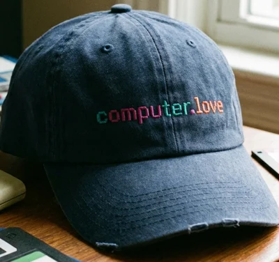 A navy cap with computer.love embroidered on it
